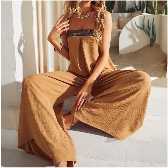 Boho Lace up Casual Wide Leg Jumper Jumpsuit - Picture 4 of 5